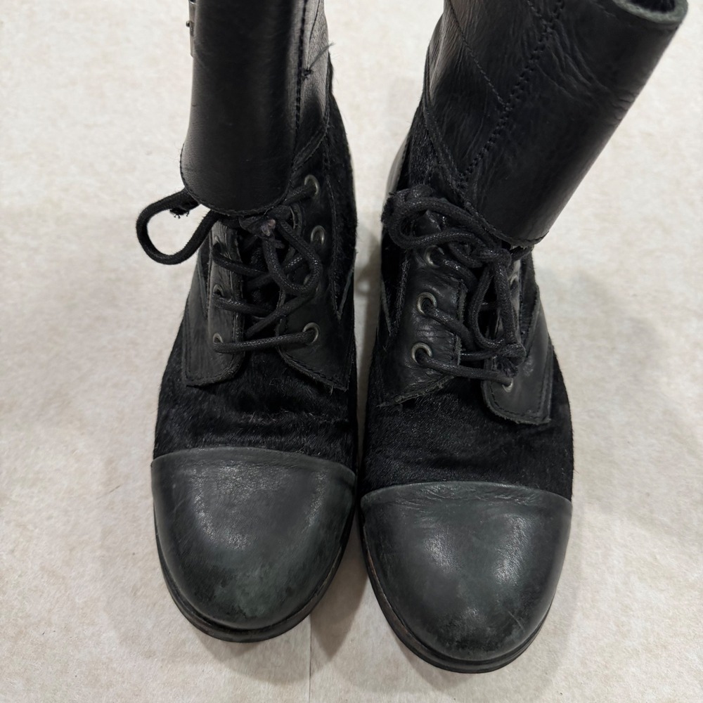 AllSaints Spitalfields Black Leather Pony Hair Combat Moto Boots Size 37 Buckle